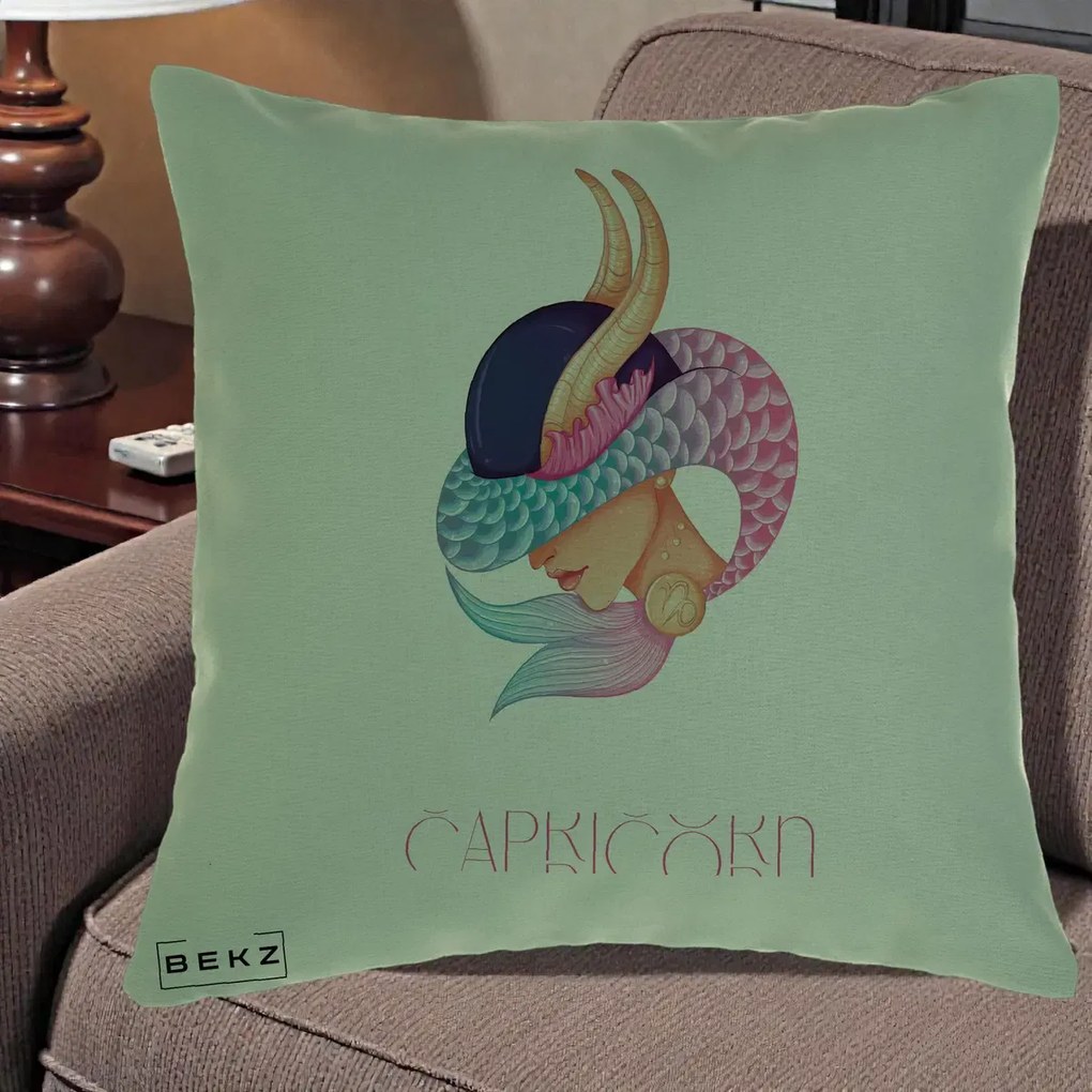 Perna Personalizata Zodiac Capricorn Cowgirl, 40x40 cm, Verde, Husa Detasabila, Perna Inclusa, BEKZ®