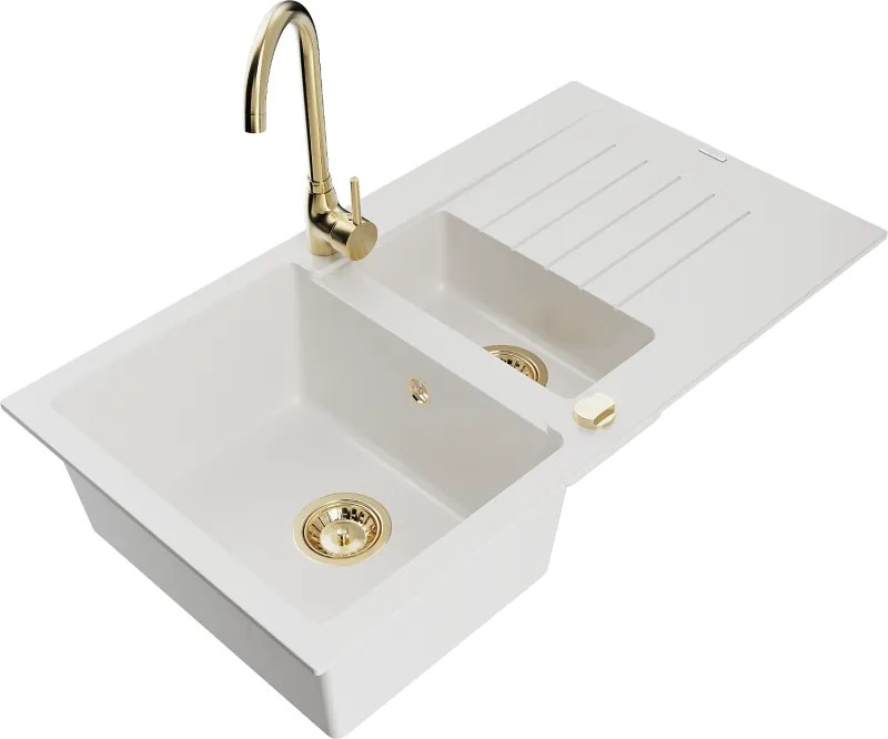 Mexen Matias chiuvetă de bucătărie din granit cu 1,5 cuve și scurgător, baterie de bucătărie Telma, alb - 6502-20-670200-50