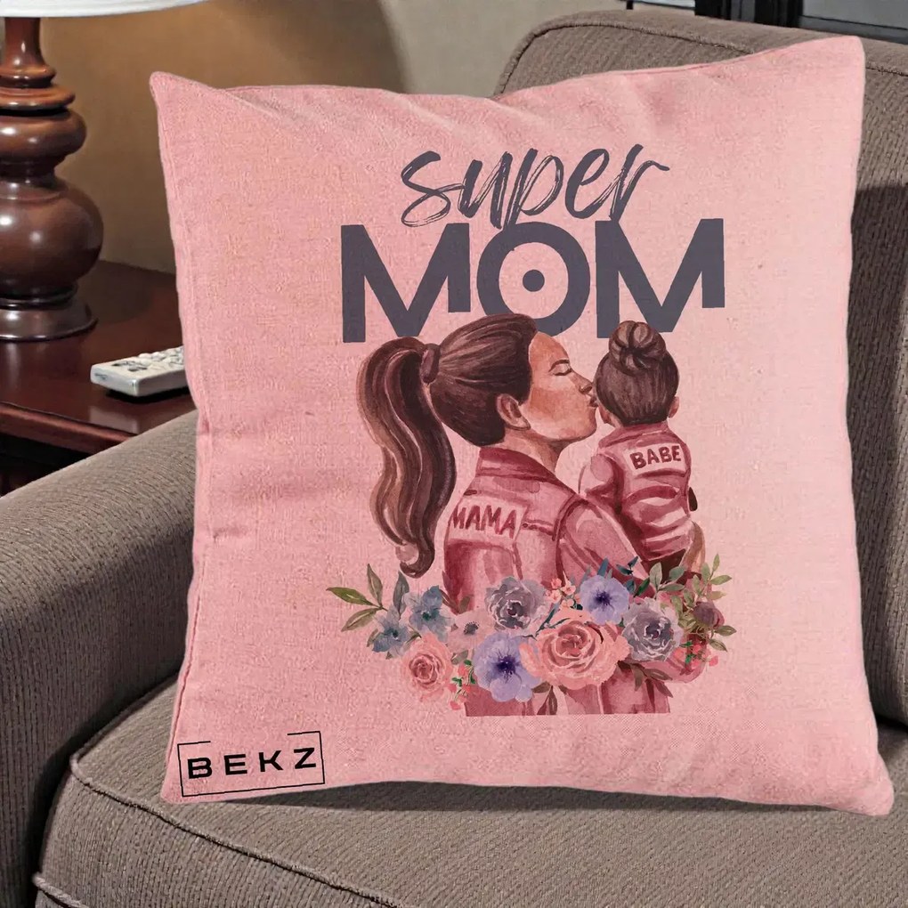Cadou pentru Mama - Perna Personalizata Super Mom Mama cu Bebelusul, 40x40 cm, Roz, Husa Detasabila, Perna Inclusa, BEKZ®