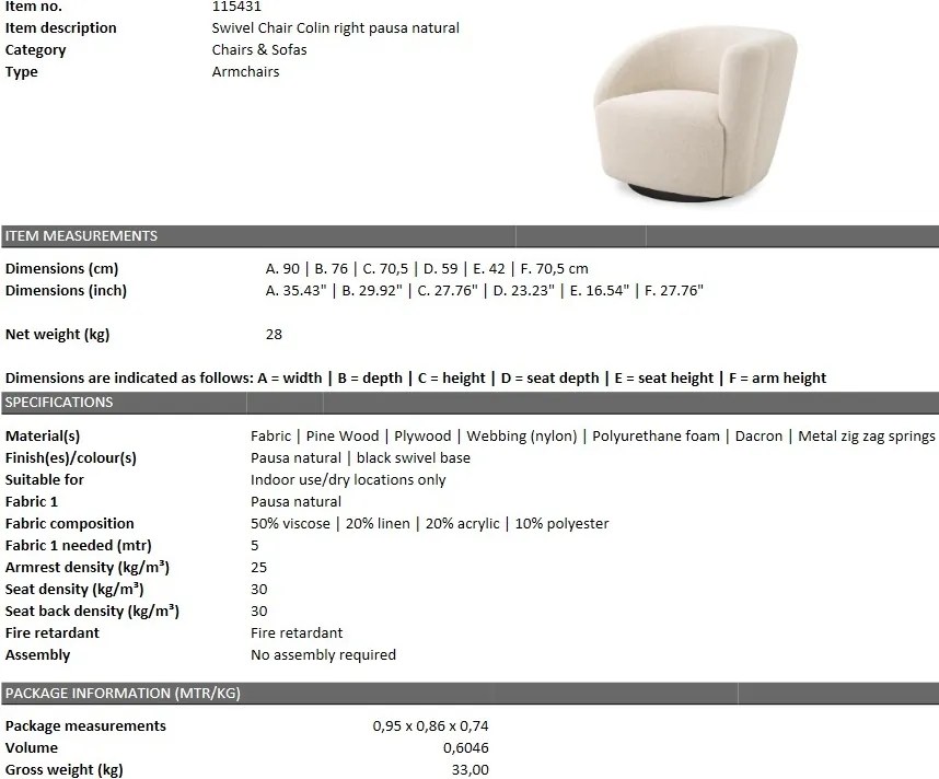 Fotoliu pivotant design elegant LUX Colin right, pausa natural 115431 HZ