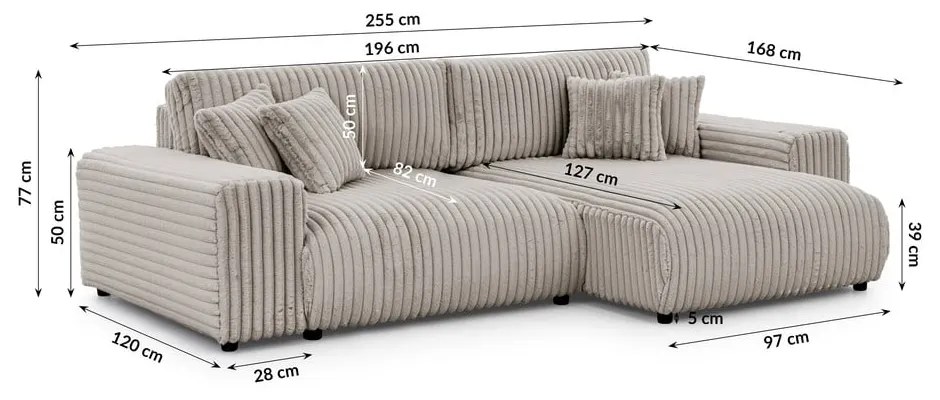 Colțar gri deschis extensibil, cu spațiu de depozitare, cu tapițerie din catifea reiată (cu colț pe partea dreaptă) Sarina – Ropez