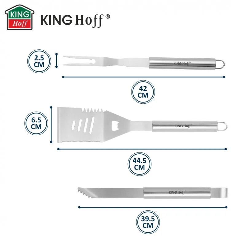 Set 3 ustensile pentru gratar Kinghoff KH 1919, Spatula, Furculita, Furculita, Otel inoxidabil, Inox