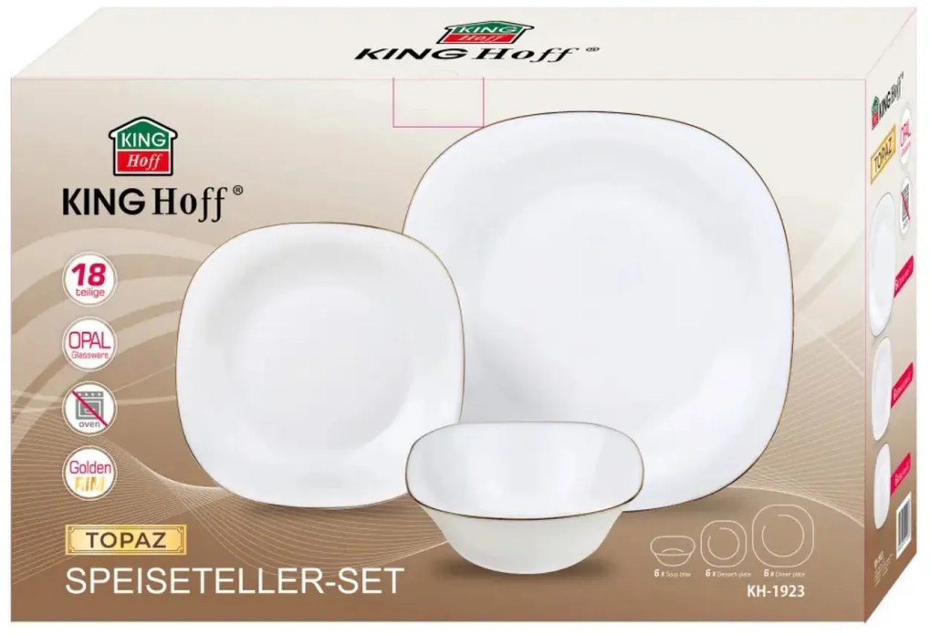 Set farfurii 18 piese, opal, alb cu auriu Kinghoff KH-1923