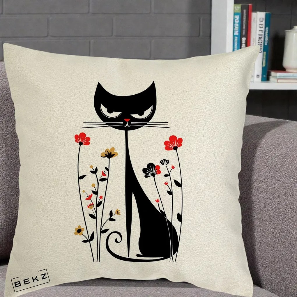 Perna Decorativa Pisica Neagra Grafica Flori Rosii, 40x40 cm, Ecru, Husa Detasabila, Perna Inclusa, BEKZ®