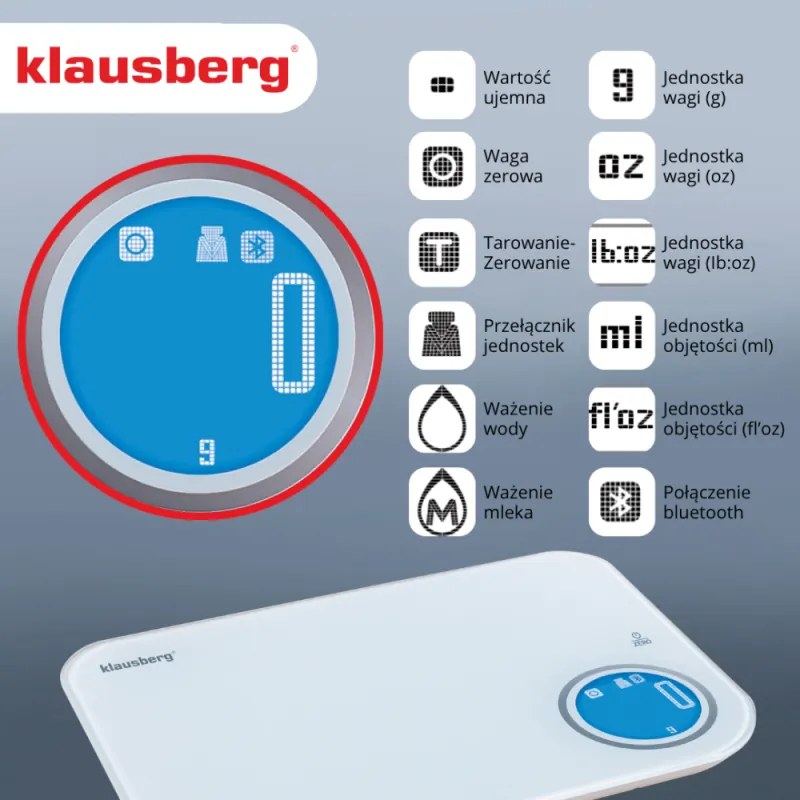 Cântar de bucătărie inteligent pentru măsurarea caloriilor Klausberg KB 7938, 5 kg, Bluetooth, aplicație mobilă, ecran LCD, funcție TARE, 4 afișaje, lichide, indicatoare, alb/albastru