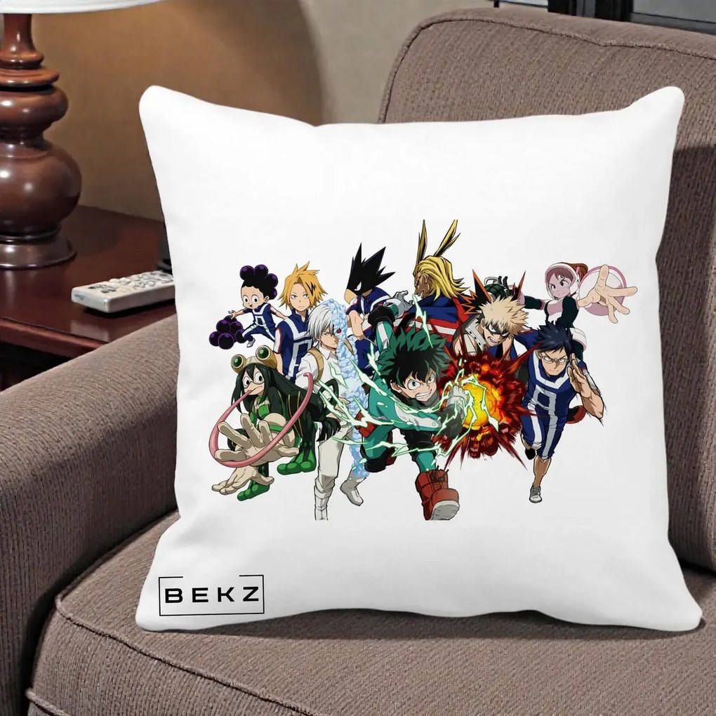 Perna Personalizata My Hero Academia Clasa 1-A Complet, 40x40 cm, Alba Mata, Husa Detasabila, Perna Inclusa, BEKZ®