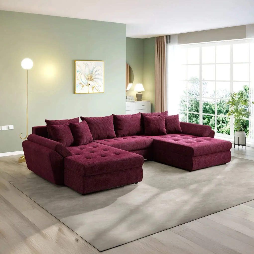 Colțar extensibil dumonde cu ladă de depozitare si sezut confortabil din spuma high-density, Loana U Zoom Red 355x185 cm