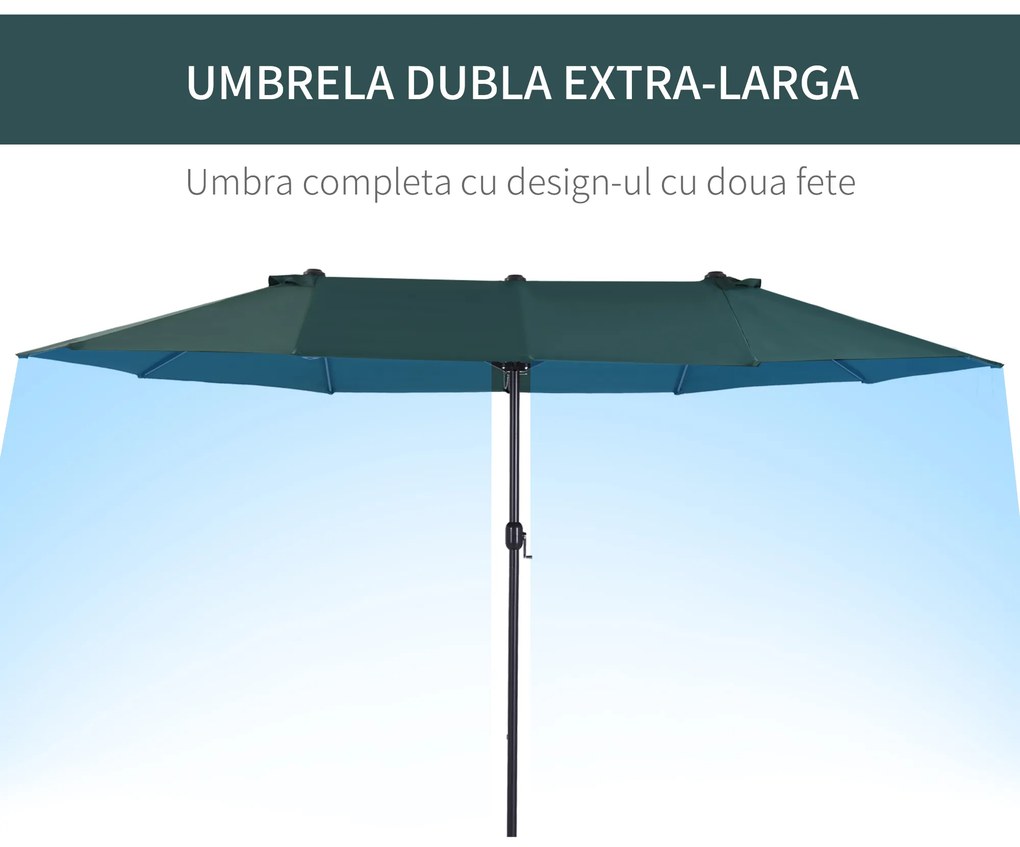 Outsunny Umbrelă Dublă de Grădină, Protecție UV, Manivelă pentru Deschidere, 460x270x240 cm, Verde | Aosom Romania