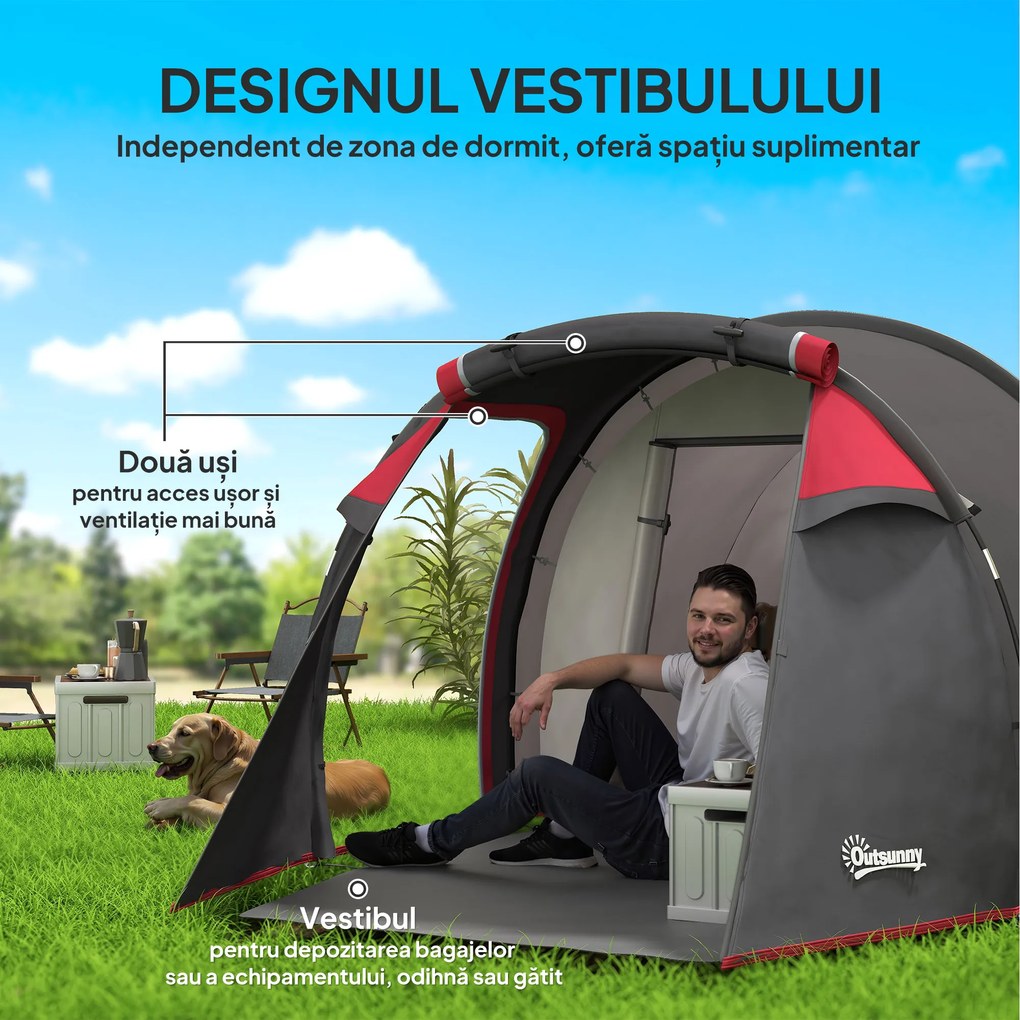 Outsunny Cort pentru Camping 2 Locuri cu Vestibul Mare, Cort Impermeabil Usi cu Fermoar, 426x206x154cm Gri | Aosom Romania