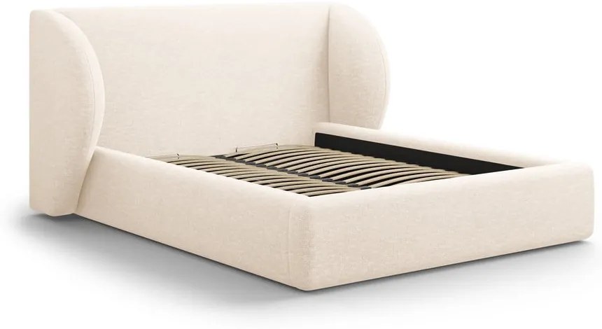 Pat matrimonial crem tapițat cu spațiu de depozitare cu somieră 160x200 cm Miley – Micadoni