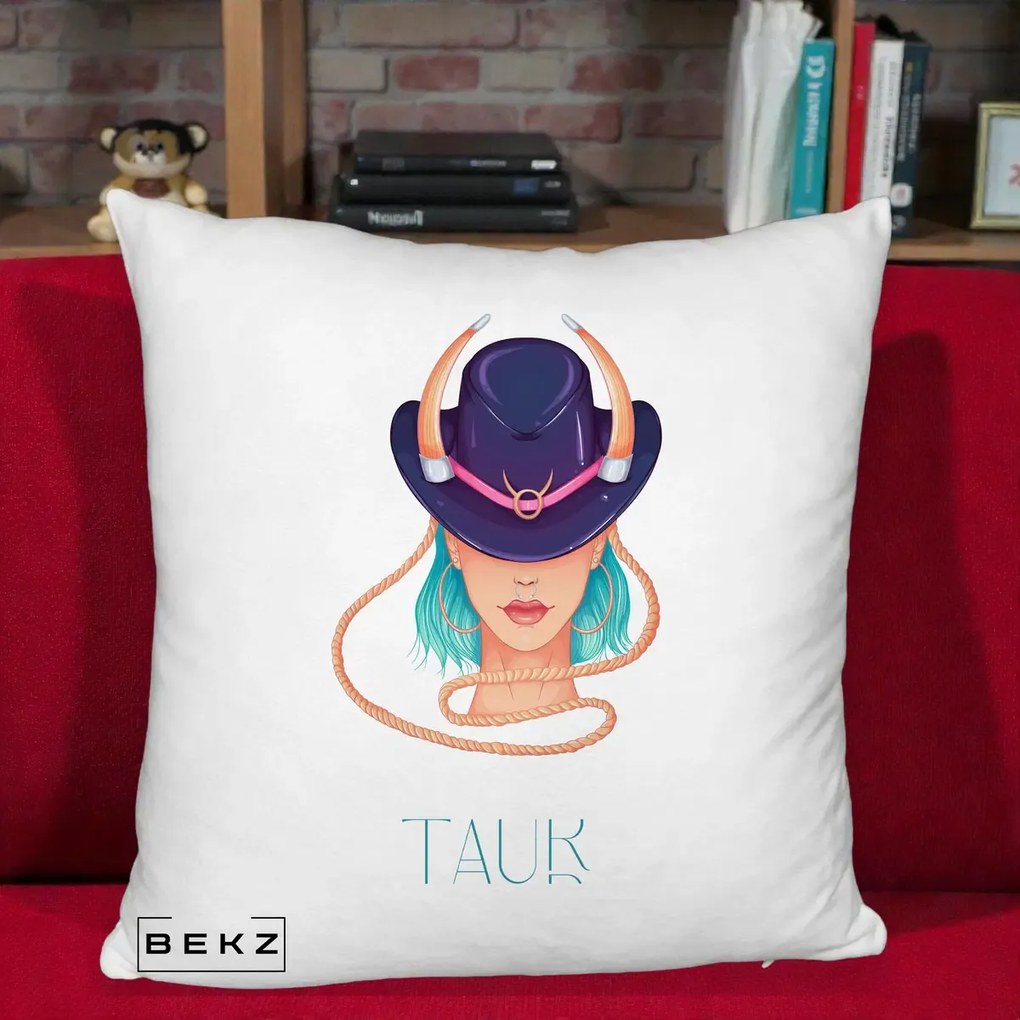 Perna Personalizata Zodie Taur, 40x40 cm, Alb Pufos, Husa Detasabila, Perna Inclusa, BEKZ®