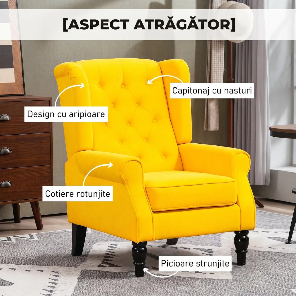 HOMCOM Fotoliu pentru Dormitor în Stil Francez cu Șezut Generos și Picioare din Lemn pentru Living și Birou, Galben | Aosom Romania