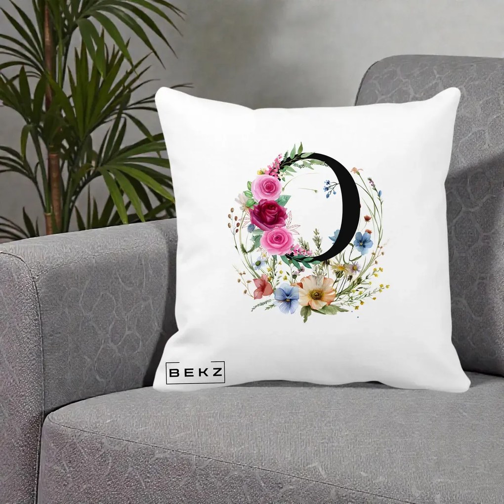 Cadou Personalizat - Perna Personalizata Monogram Litera O cu Flori Acuarela, 40x40 cm, Alba Mata, Husa Detasabila, Perna Inclusa, BEKZ®