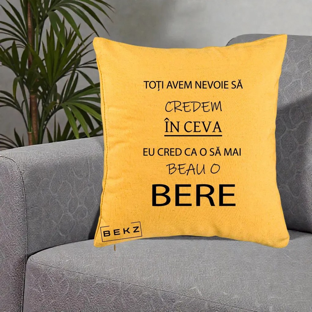 Perna Decorativa Eu Cred ca mai Beau o Bere, 40x40 cm, Galben, Husa Detasabila, Perna Inclusa, BEKZ®