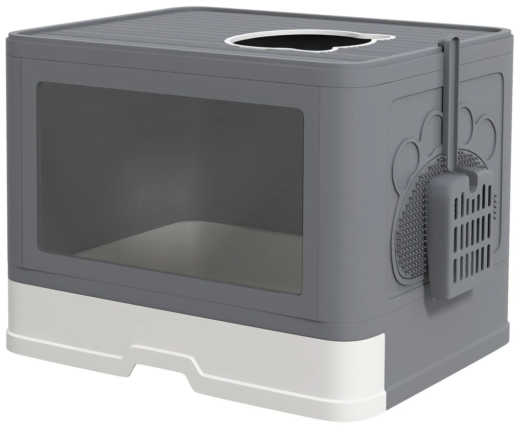 PawHut Litieră pentru Pisici cu Capac Intrare Dublă, Sertar, Lopată Gri | Aosom Romania