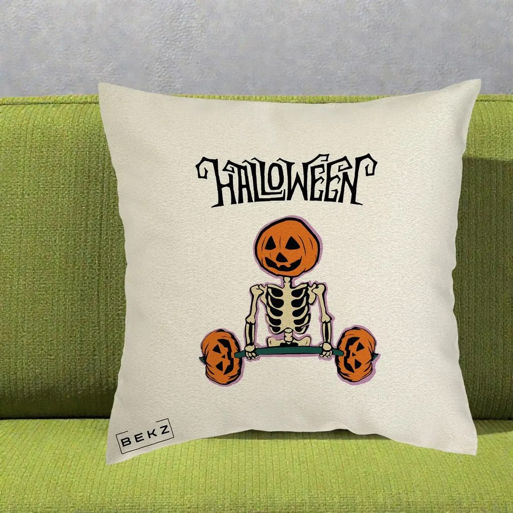 Perna Decorativa Halloween Schelet cu Cap de Dovleac Powerlifting, 40x40 cm, Ecru, Husa Detasabila, Perna Inclusa, BEKZ®