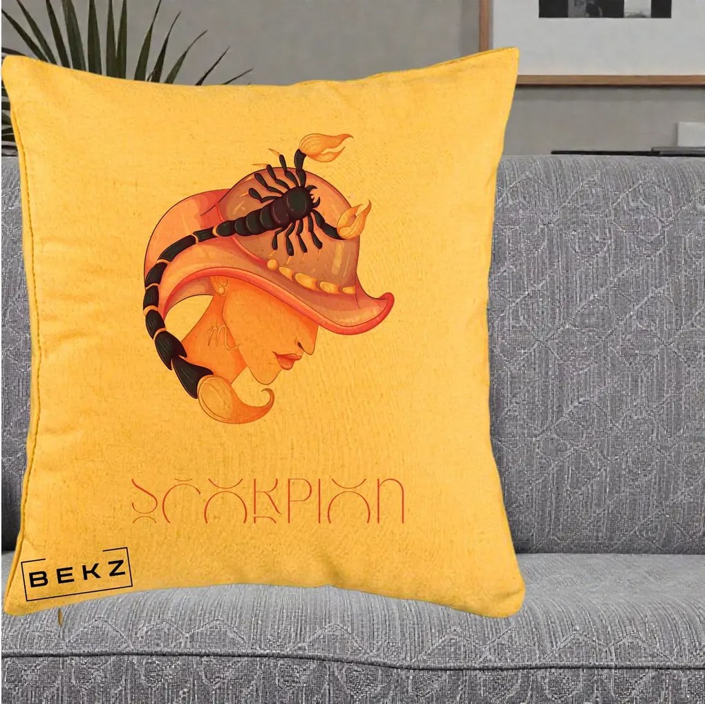 Perna Personalizata Zodiac Scorpion Cowgirl, 40x40 cm, Galben, Husa Detasabila, Perna Inclusa, BEKZ®