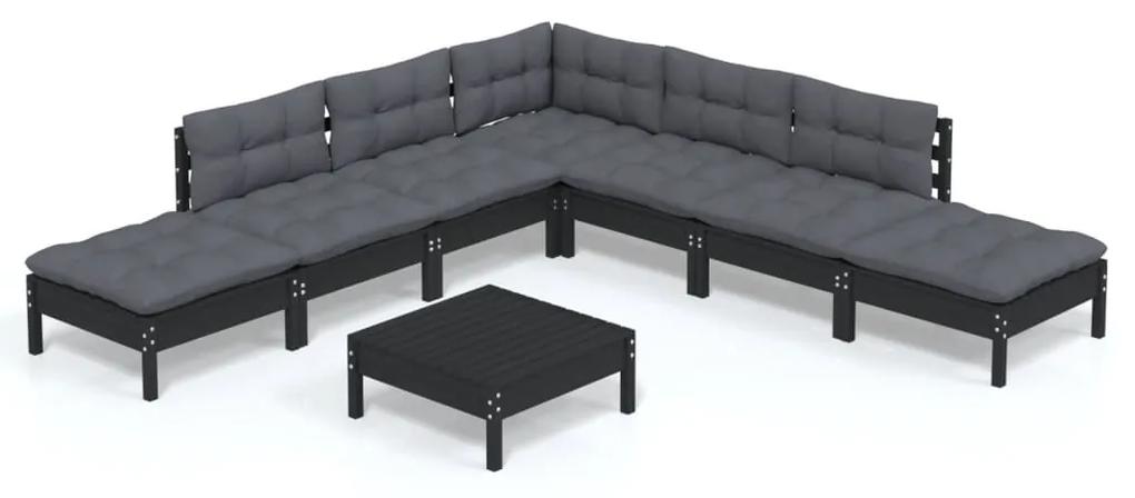 Set mobilier gradina cu perne, 8 piese, negru, lemn de pin Negru, 8