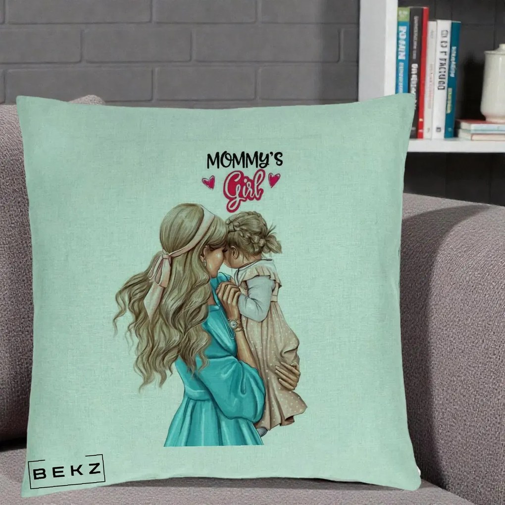 Cadou pentru Mama - Perna Personalizata Mommy's Girl Mama si Fetita, 40x40 cm, Verde Menta, Husa Detasabila, Perna Inclusa, BEKZ®