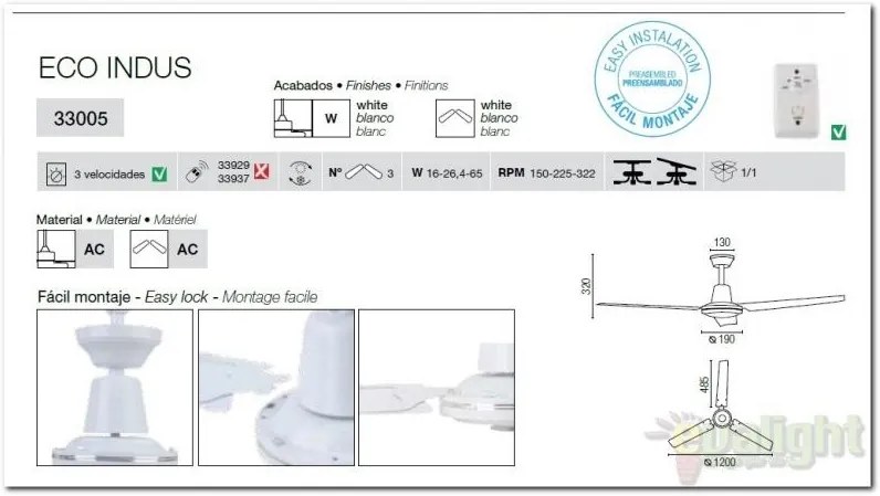 Ventilator modern cu regulator de perete diam.120cm Eco Indus 33005
