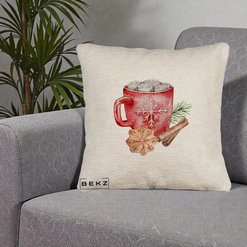 Perna Decorativa Cacao de Iarna cu Biscuit, 40x40 cm, Bej Canapea, Husa Detasabila, Perna Inclusa, BEKZ®