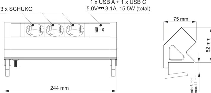 Priza pentru birou Desk Box Design Light, 3 prize Schuko, USB A + C, otel periat   negru, 244 x 75 mm Aluminiu Plastic, Otel periat Negru, L:244 mm; l