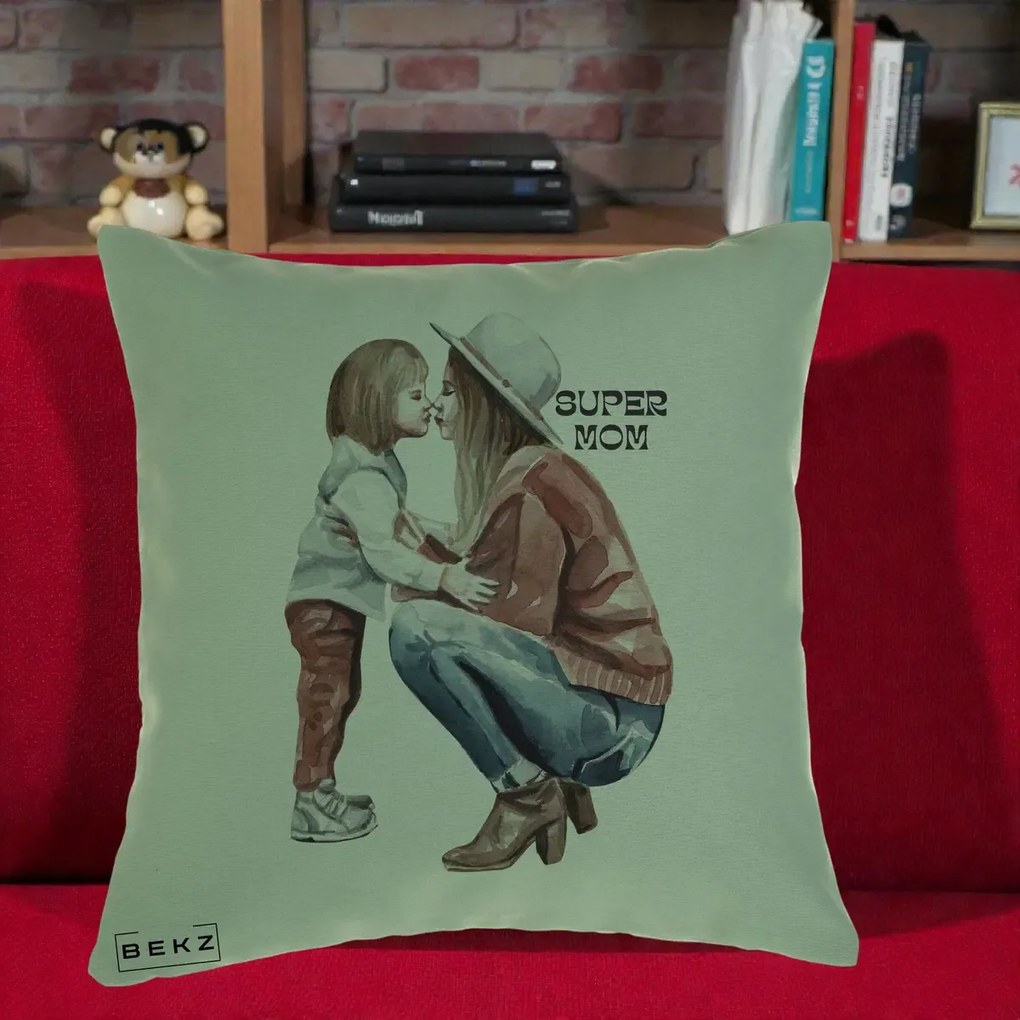 Cadou pentru Mama - Perna Personalizata Super Mom Acuarela, 40x40 cm, Verde, Husa Detasabila, Perna Inclusa, BEKZ®