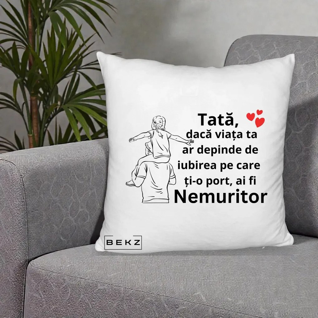 Cadou pentru Tata - Perna Personalizata Tata Supererou Nemuritor, 40x40 cm, Alb Pufos, Husa Detasabila, Perna Inclusa, BEKZ®