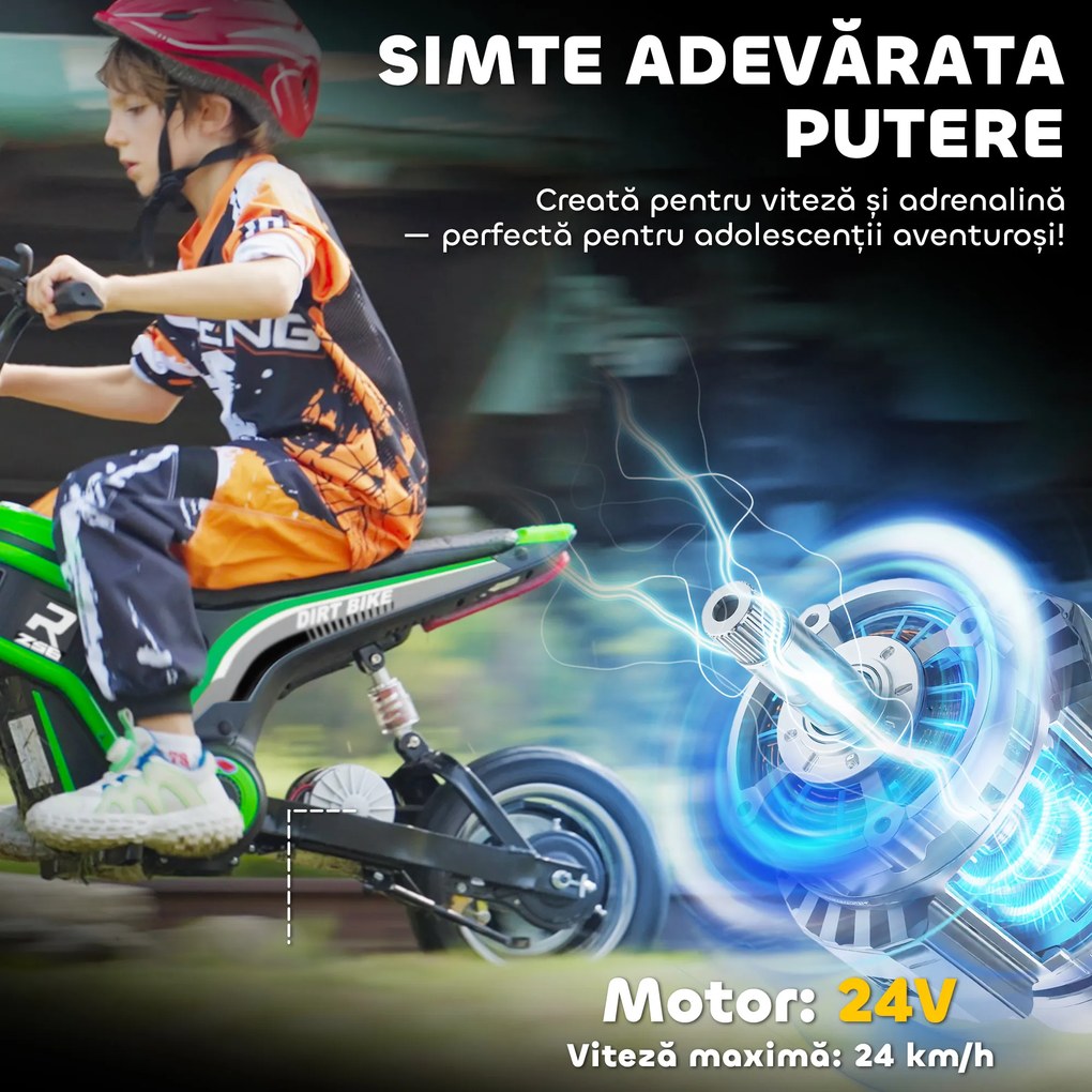 HOMCOM Motocicletă Electrică pentru Copii cu Accelerație Manuală, 2 Viteze, 8-16 km/h, Vârsta 8-12 Ani, Verde | Aosom Romania