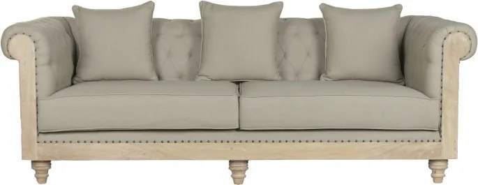 Canapea Chesterfield 3 locuri din stofă gri, cu cadru din lemn de tec la vedere și ținte decorative, 79 x 225 x 87 cm, „Classic”