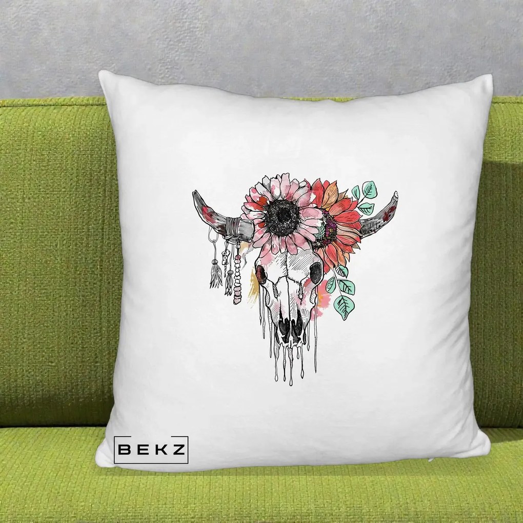 Perna Decorativa Craniu Boho Floral, 40x40 cm, Alb Pufos, Husa Detasabila, Perna Inclusa, BEKZ®