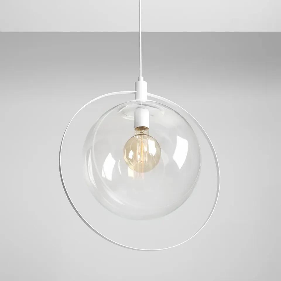 Pendul modern alb cu glob de sticla transparent Aura