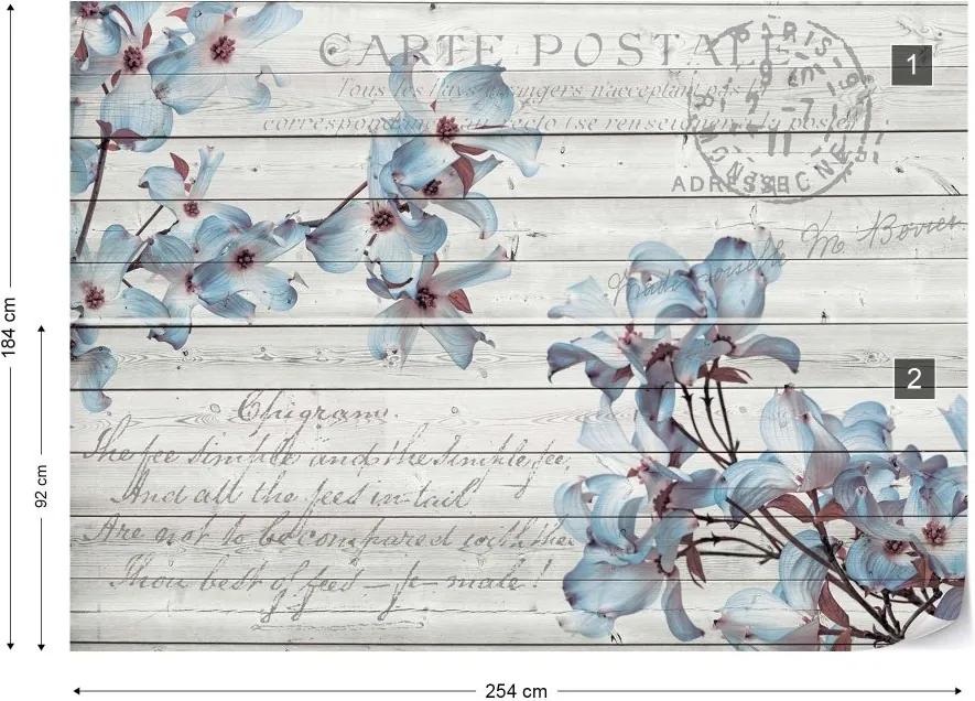 GLIX Fototapet - Blue Flowers Wood Plank Texture Vintage Script Farmhouse Chic Vliesová tapeta  - 254x184 cm