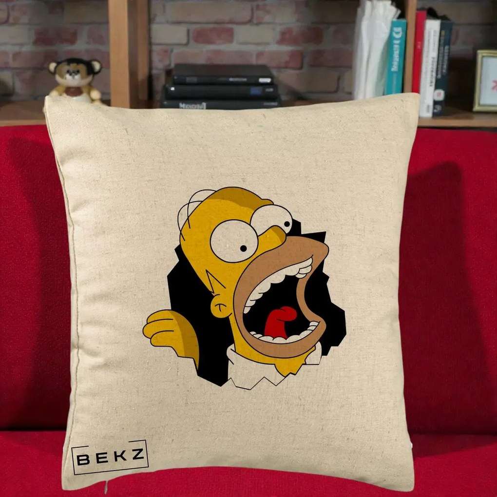 Perna Personalizata Homer Simpson Surpriza, 40x40 cm, Bej, Husa Detasabila, Perna Inclusa, BEKZ®