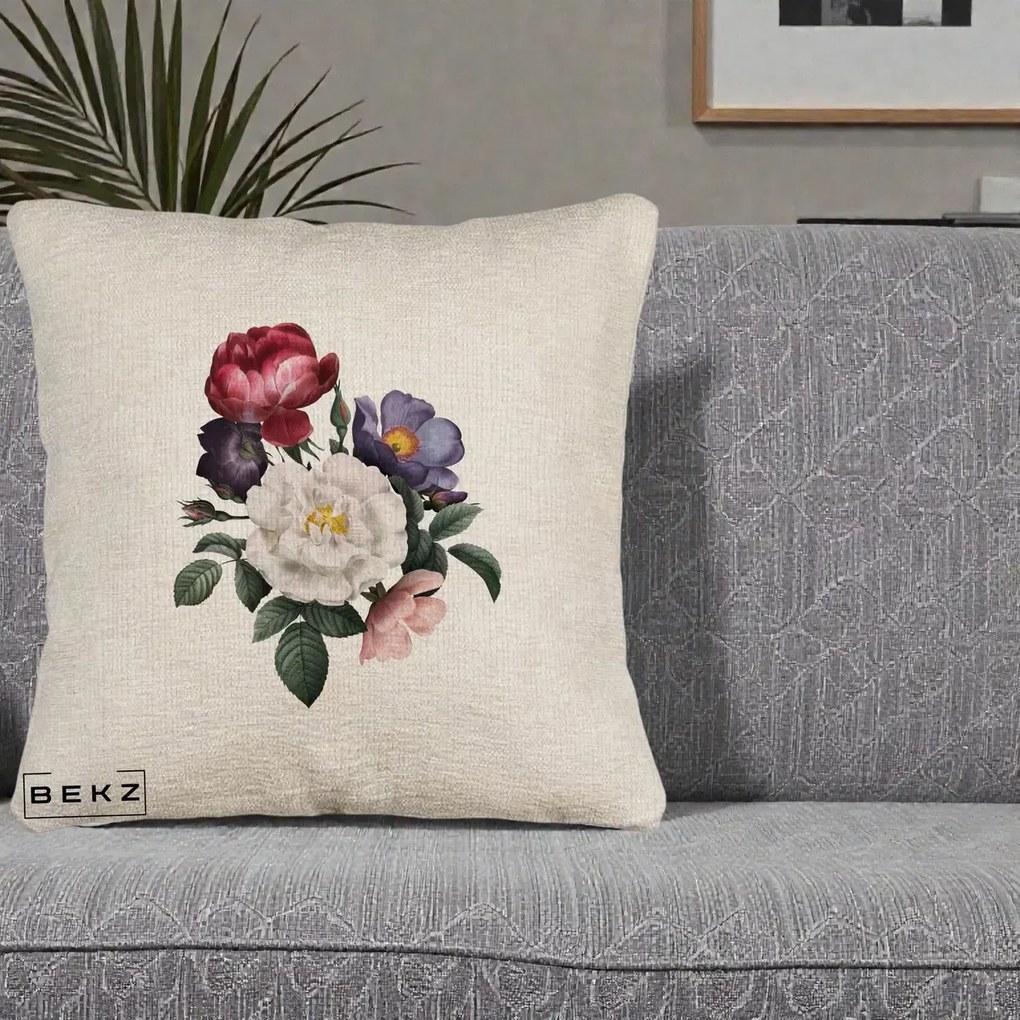 Perna Decorativa Buchet Trandafiri Bujori Botanical, 40x40 cm, Bej Canapea, Husa Detasabila, Perna Inclusa, BEKZ®