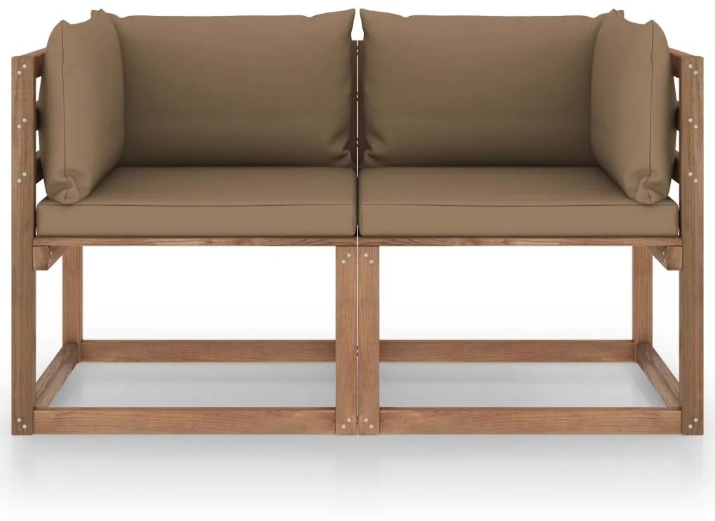 Canapea din paleti de gradina, 2 locuri, perne taupe, lemn pin