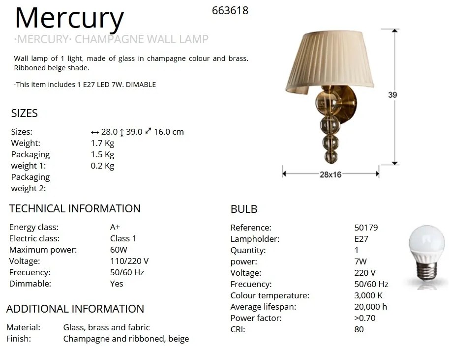 Aplica eleganta dimabila MERCURY CHAMPAGNE SV-663618