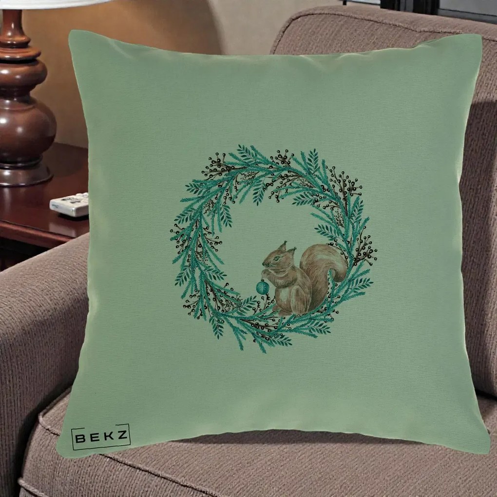 Perna Decorativa Coroana Turcoaz cu Veverita, 40x40 cm, Verde, Husa Detasabila, Perna Inclusa, BEKZ®
