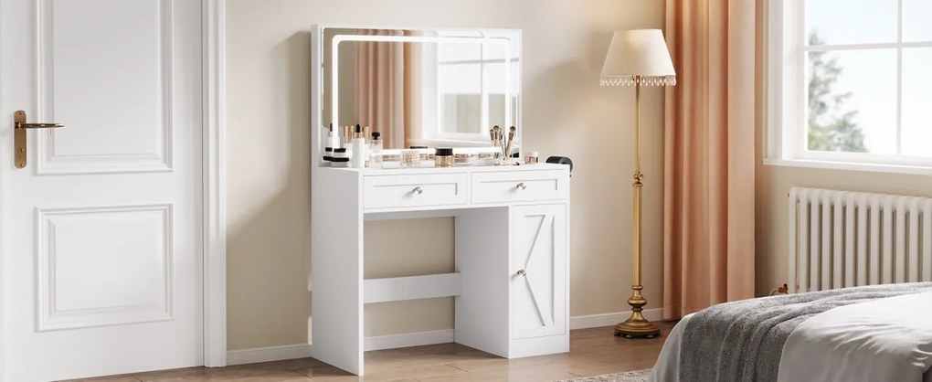 Masuta machiaj cu Oglinda LED si 2 Sertare pentru Cosmetice, Set Masa toaleta 90 cm, Alb, masuta cosmetica, vanity - SEA498