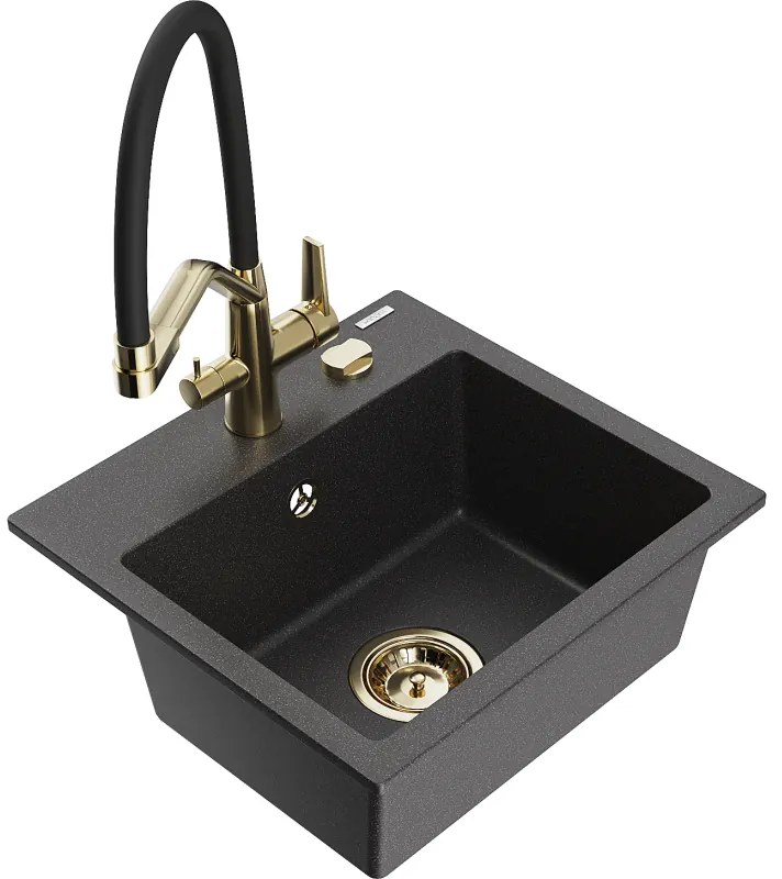 Mexen Milo chiuvetă granit cu 1 compartiment și baterie de bucătărie Duo, negru cu pete - 6505-76-671701-57-G