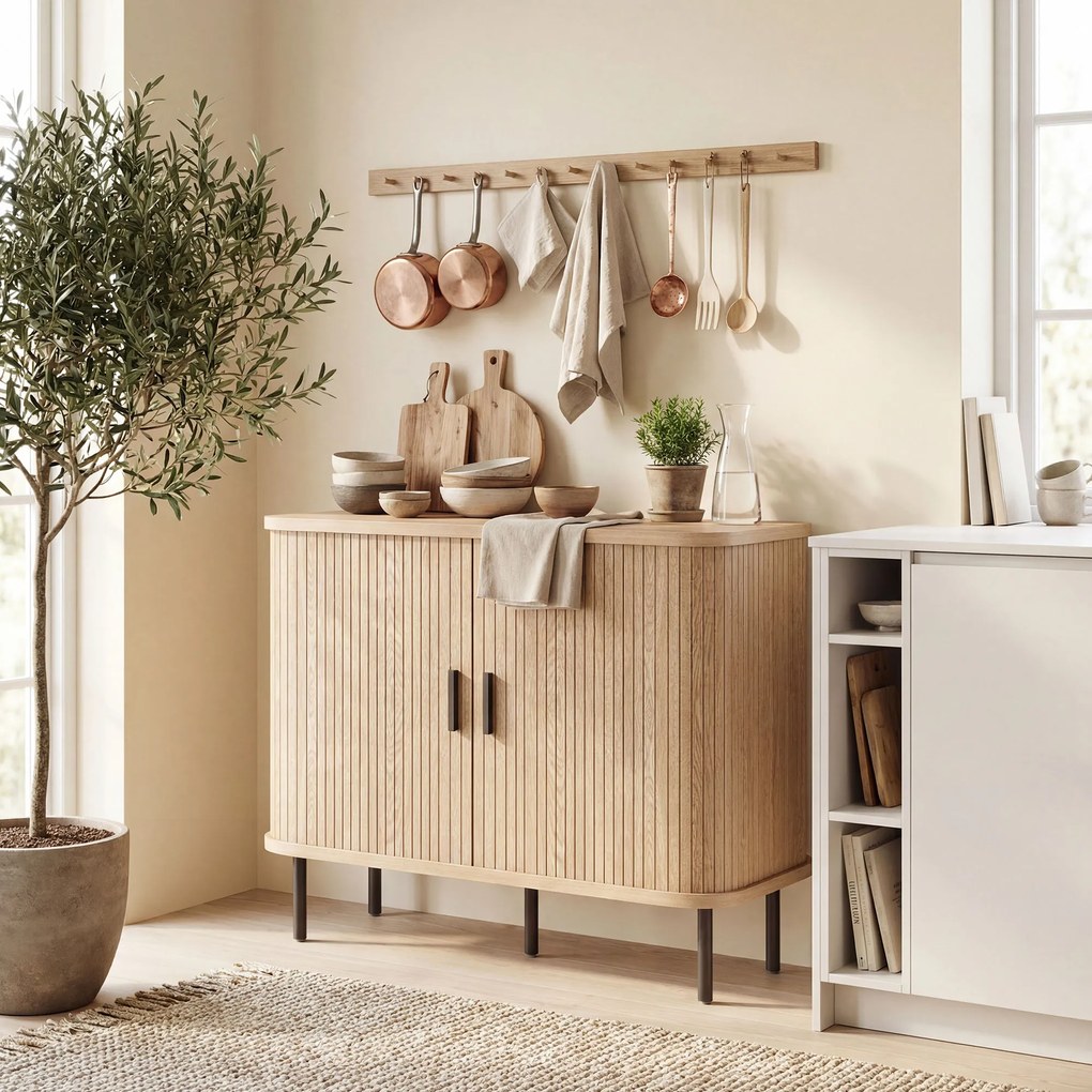 HOMCOM Bufet pentru living, corp de depozitare cu 2 uși culisante tambur cu lamele și 4 compartimente, stejar | Aosom Romania