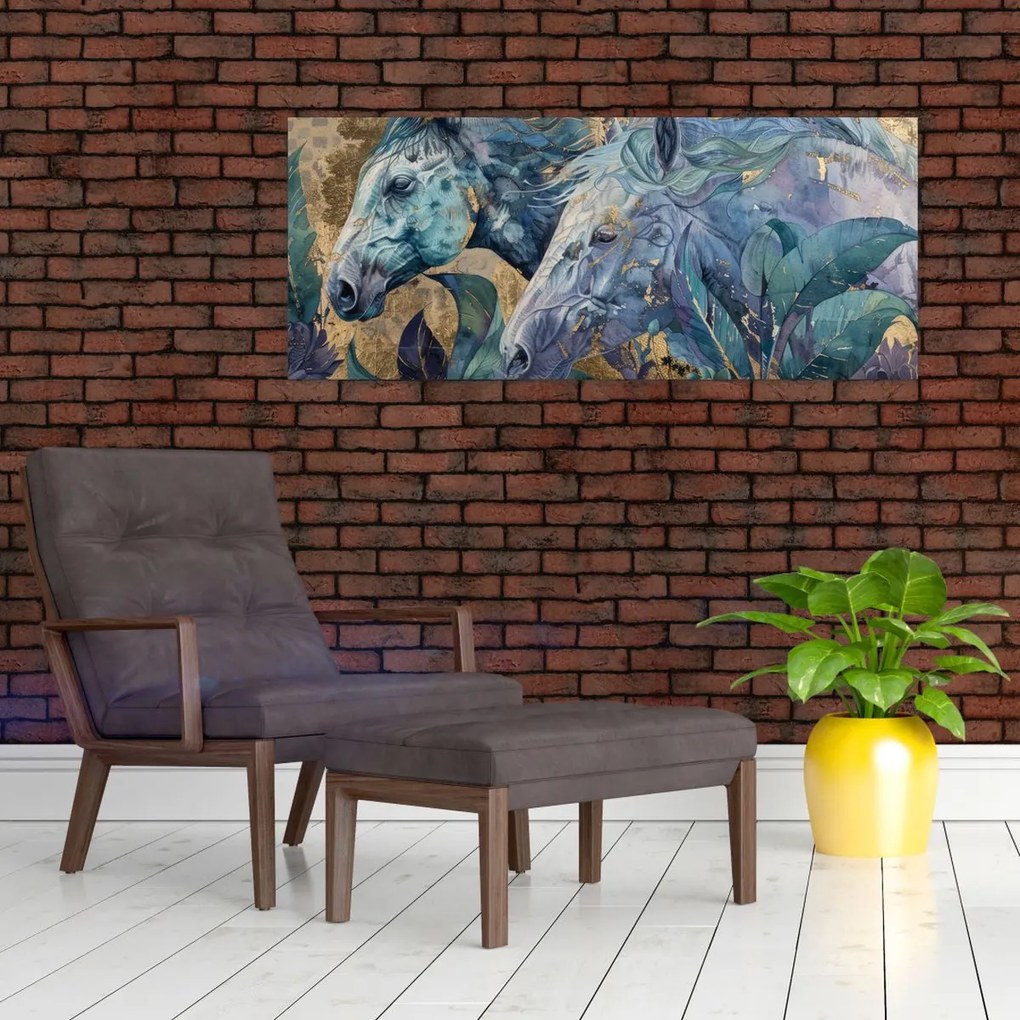Tablou - Cai cu fundal auriu (120x50 cm)
