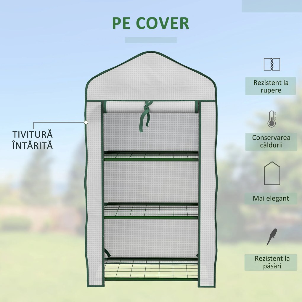 Outsunny Mini Seră pe 3 Nivele cu Acoperiș PE Întărit, Seră Portabilă cu Ușă Rulantă și Rafturi din Sârmă, 59x39x127 cm, Alb | Aosom Romania