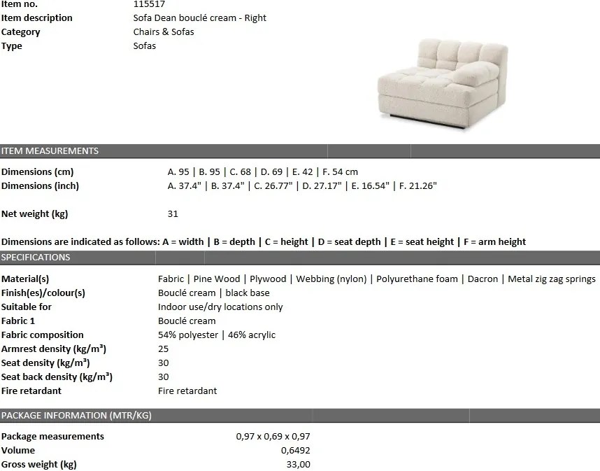 Canapea, Modul dreapta design elegant LUX Dean right, boucle crem 115517 HZ