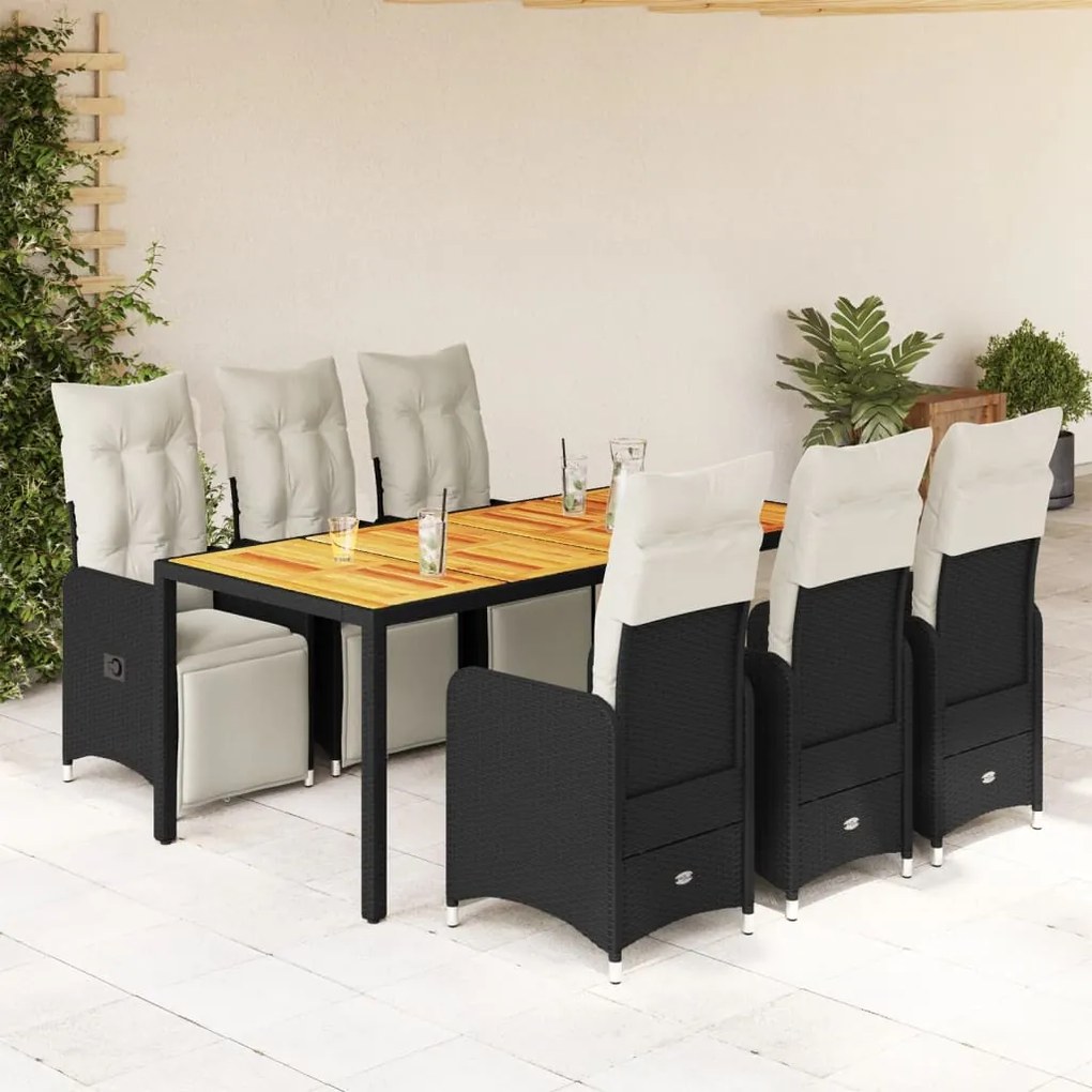 3277131 vidaXL Set bistro de grădină, 7 piese, cu perne, negru, poliratan