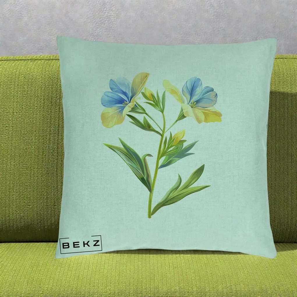 Perna Decorativa Botanica Frezie Galbena si Albastra, 40x40 cm, Verde Menta, Husa Detasabila, Perna Inclusa, BEKZ®