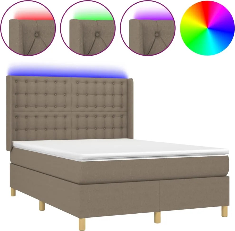 vidaXL Pat cu arcuri, saltea și LED, gri taupe, 140x190 cm, textil
