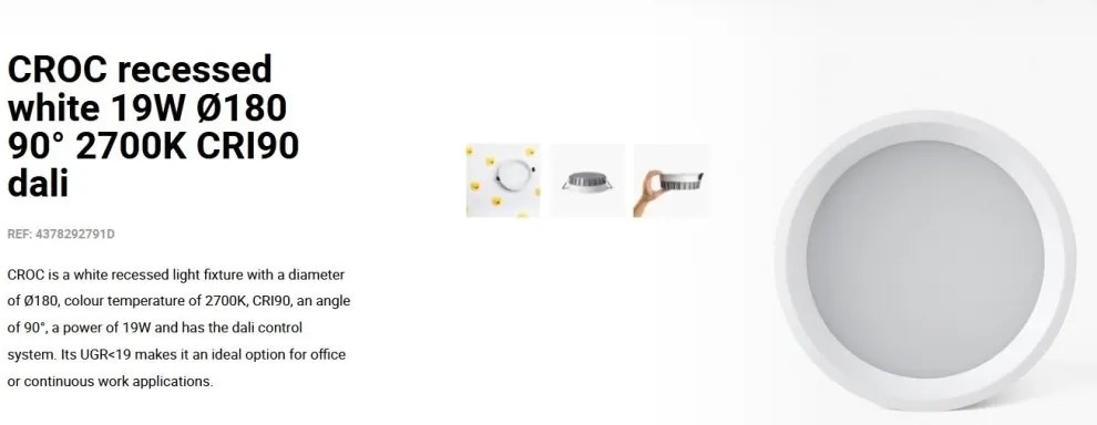 Spot LED incastrabil recessed white 19W 18cm 90 grade 2700K CRI90 dali