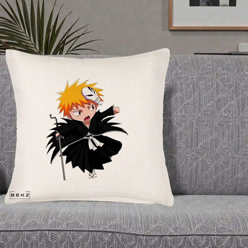 Perna Personalizata Bleach Ichigo Chibi cu Masca, 40x40 cm, Crem Reliefat, Husa Detasabila, Perna Inclusa, BEKZ®