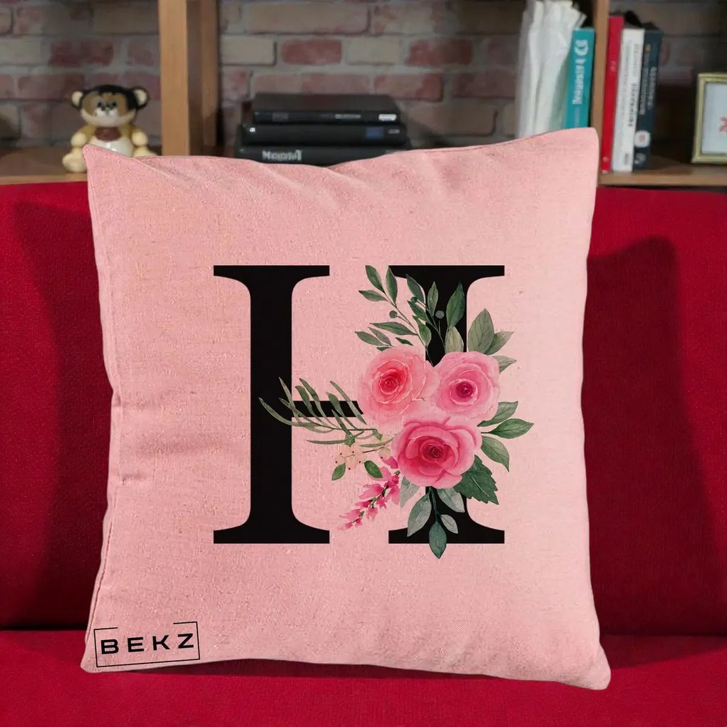 Cadou Personalizat - Perna Personalizata Monograma Florala Litera H cu Trandafiri Roz, 40x40 cm, Roz, Husa Detasabila, Perna Inclusa, BEKZ®